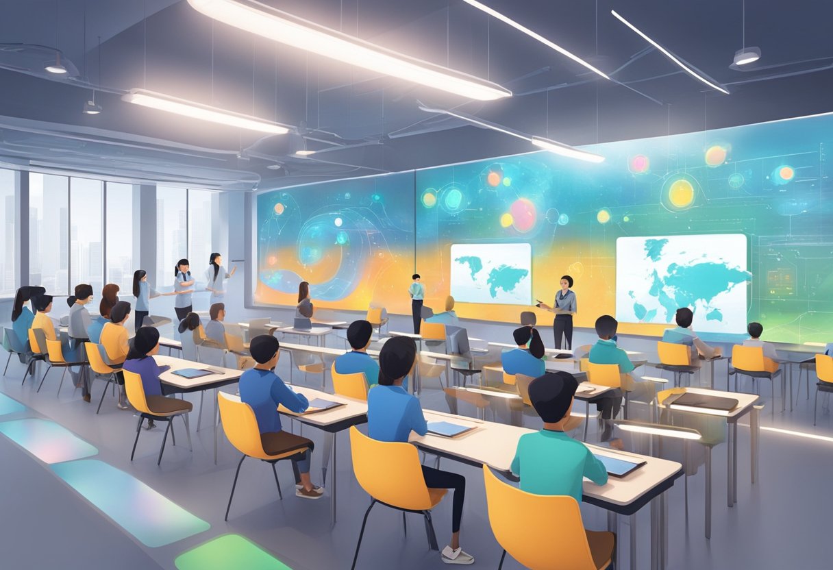 A futuristic classroom with animated holographic displays teaching students in Singapore