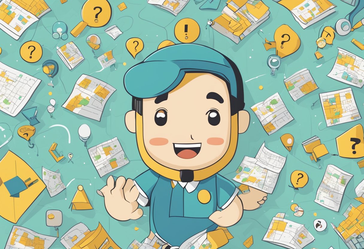 An animated character surrounded by question marks, with a backdrop of educational symbols and a map of Singapore