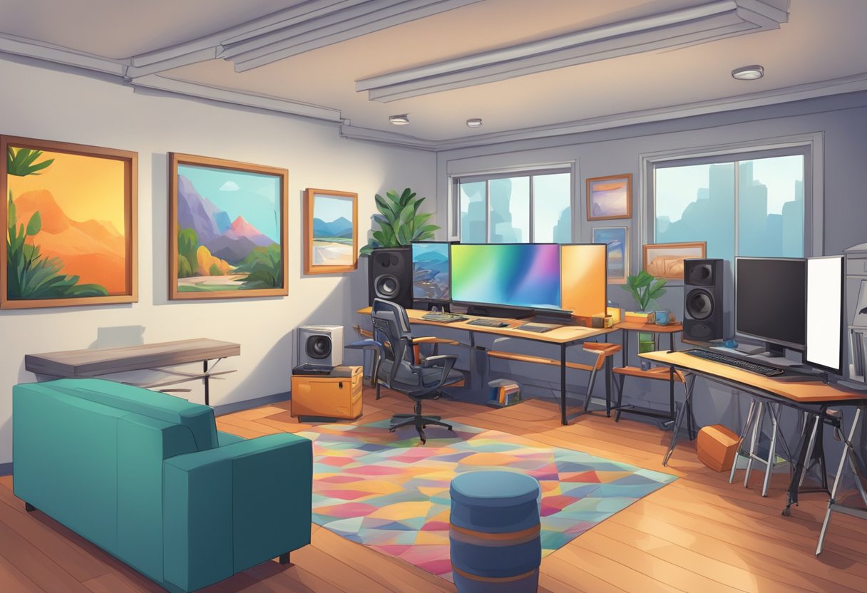 An animation studio with state-of-the-art equipment and colorful artwork on display