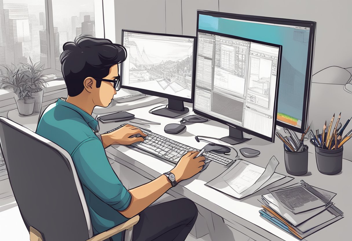 A digital animator in Bangalore working on a computer, surrounded by reference materials and drawing tools