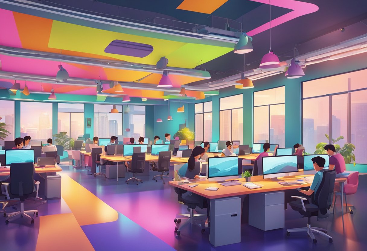 A vibrant animation studio in Singapore bustling with creativity and innovation. Bright colors and dynamic shapes fill the space, showcasing the nurturing of talent and skills