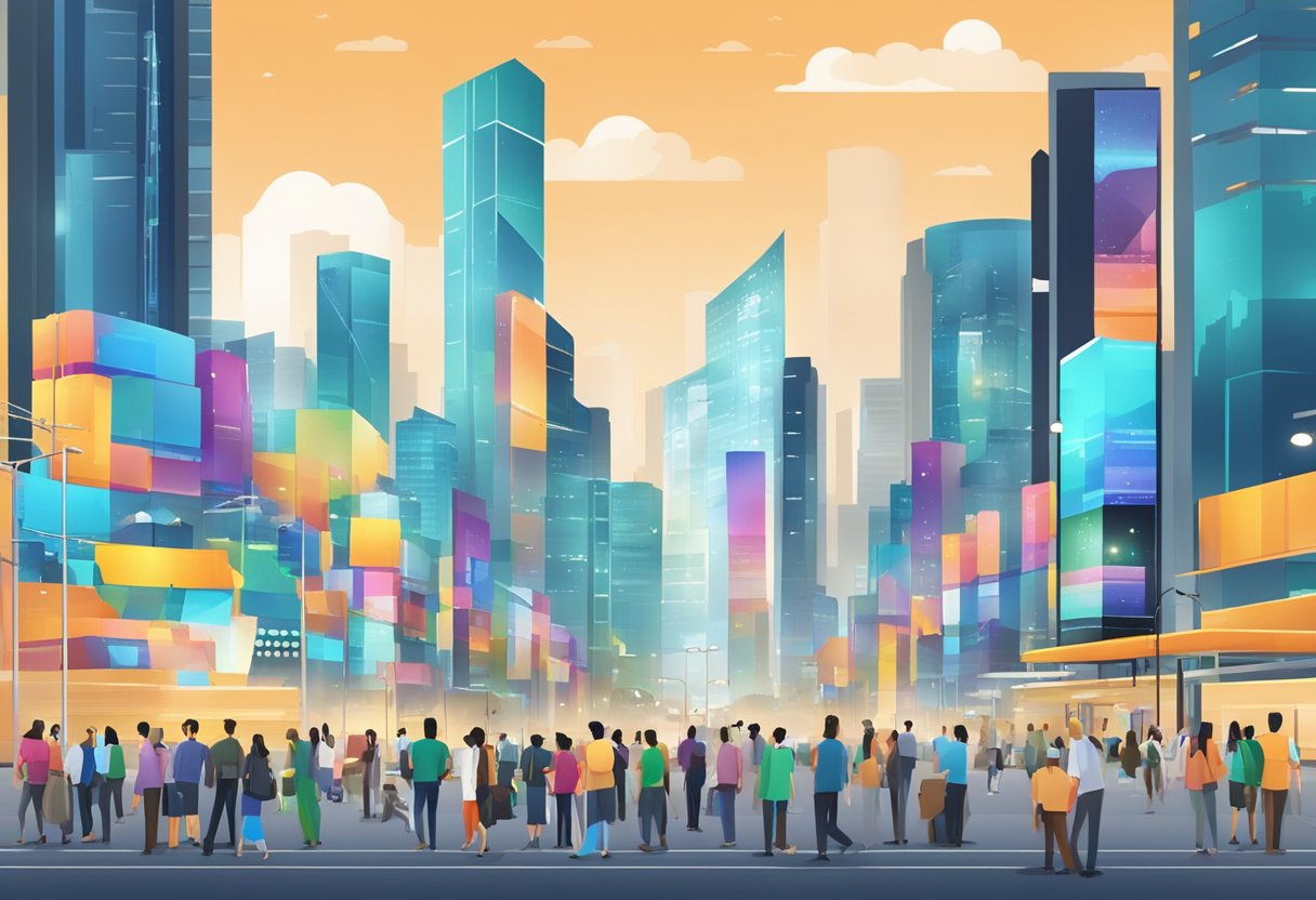 A bustling Bangalore cityscape with animated digital billboards and business professionals interacting with animated data visualizations