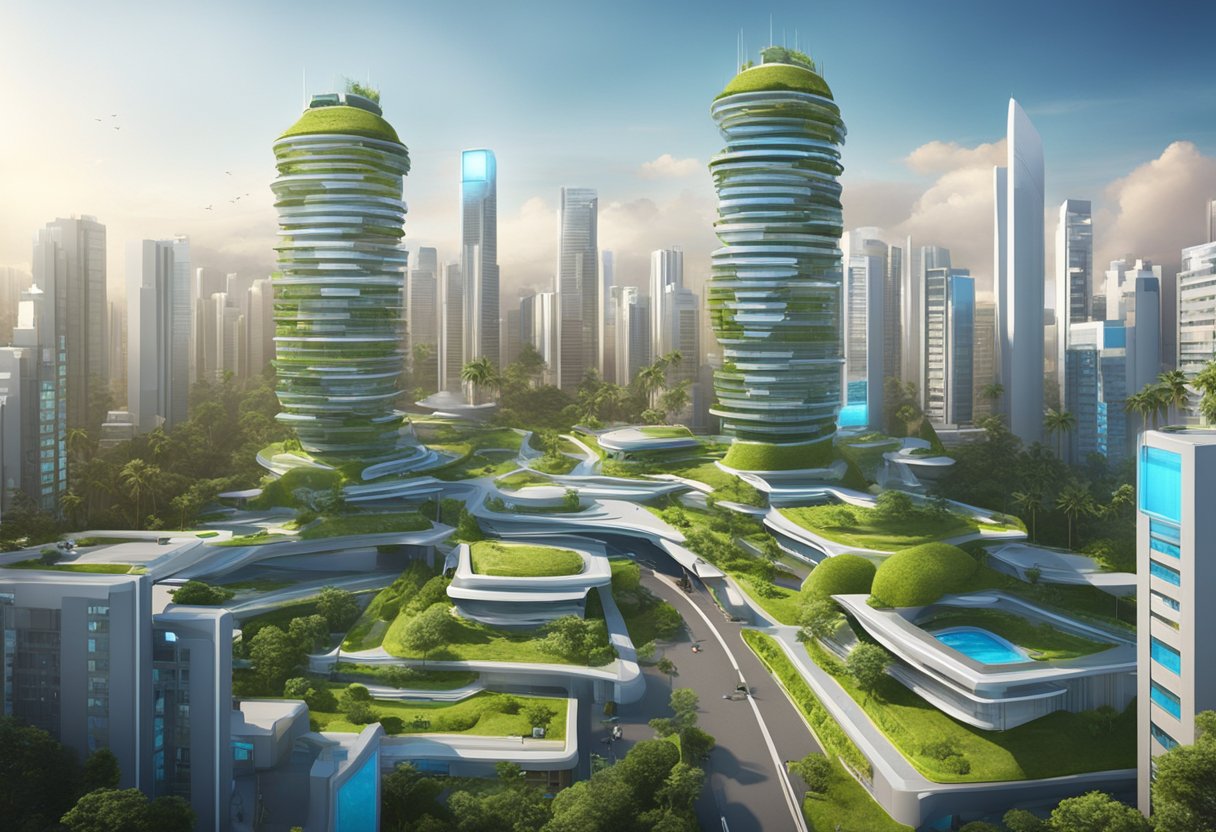 A futuristic cityscape in Bangalore with advanced digital animation studios and technology integrated into the architecture