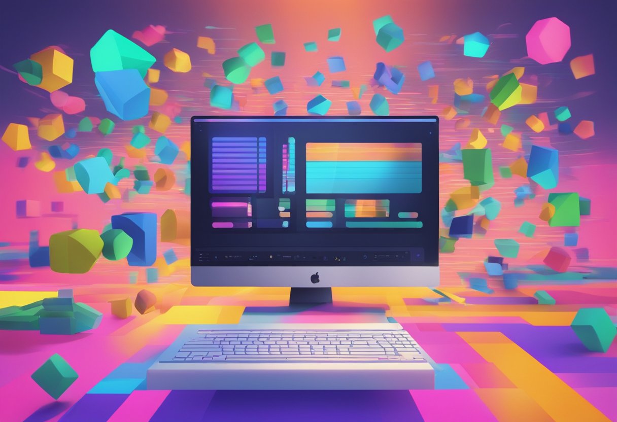 A computer screen showing a colorful and dynamic animation with various shapes and characters moving in sync to music