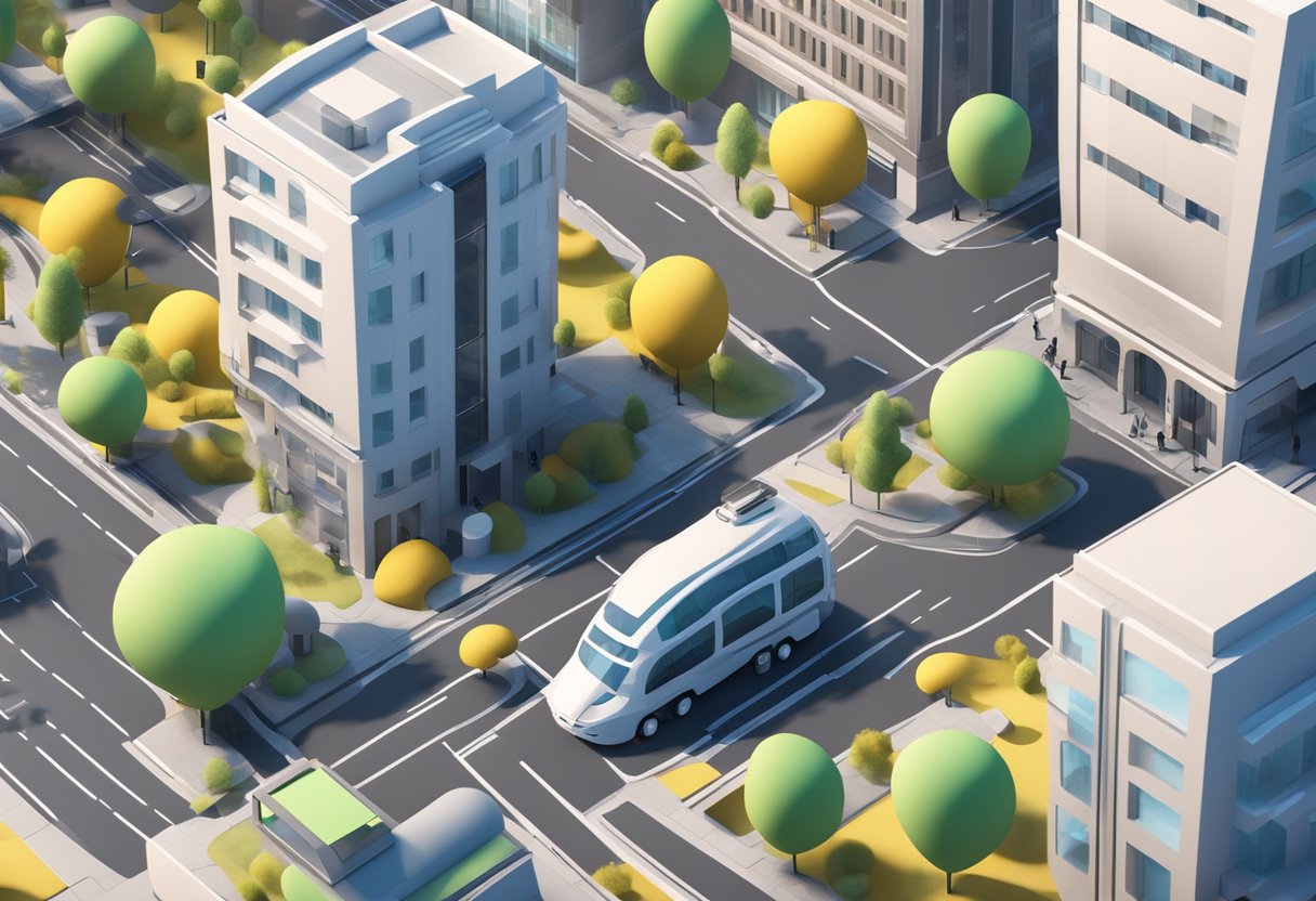 A computer-generated 3D model of a cityscape with futuristic buildings and animated vehicles moving through the streets