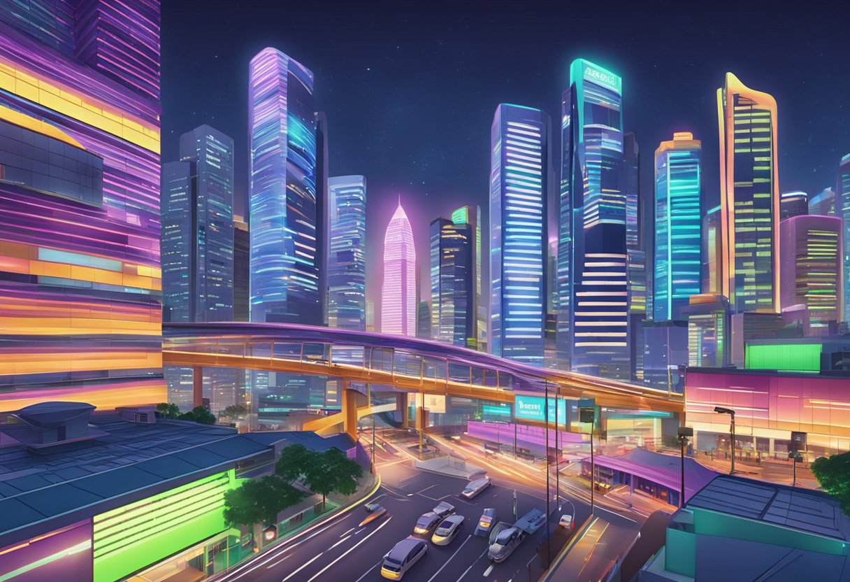 A bustling cityscape with skyscrapers and neon lights, showcasing the vibrant energy of Singapore's animation and motion graphics production industry