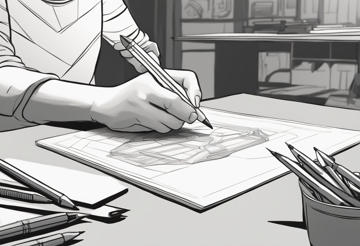 A hand holding a pencil sketching a dynamic animation scene with various tools and techniques spread out on a desk