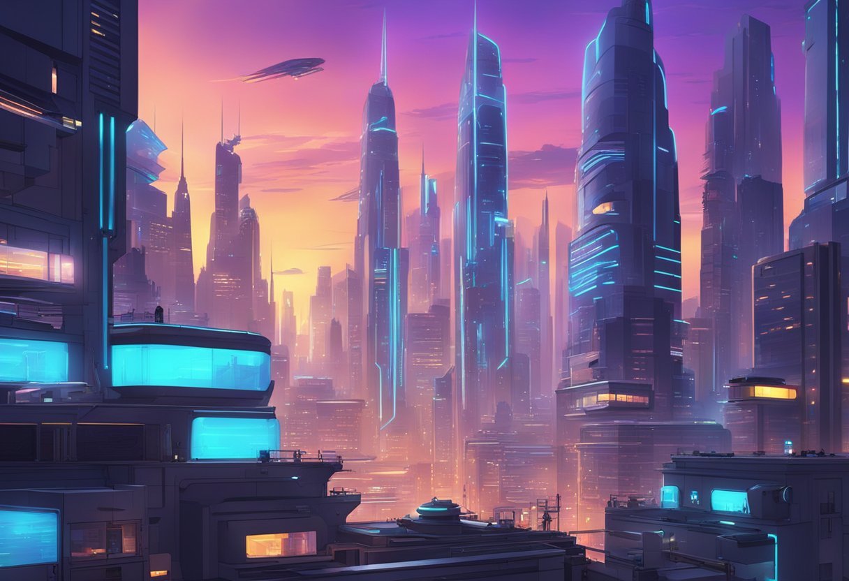 A bustling cityscape with futuristic skyscrapers and neon lights, showcasing advanced technology and innovation for animation in films and video games