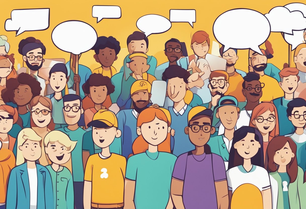 A group of animated characters holding signs with question marks, surrounded by speech bubbles and a colorful background