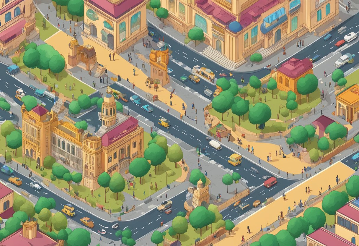 A bustling cityscape with iconic landmarks morphing into animated characters, showcasing the evolution of animation in Delhi