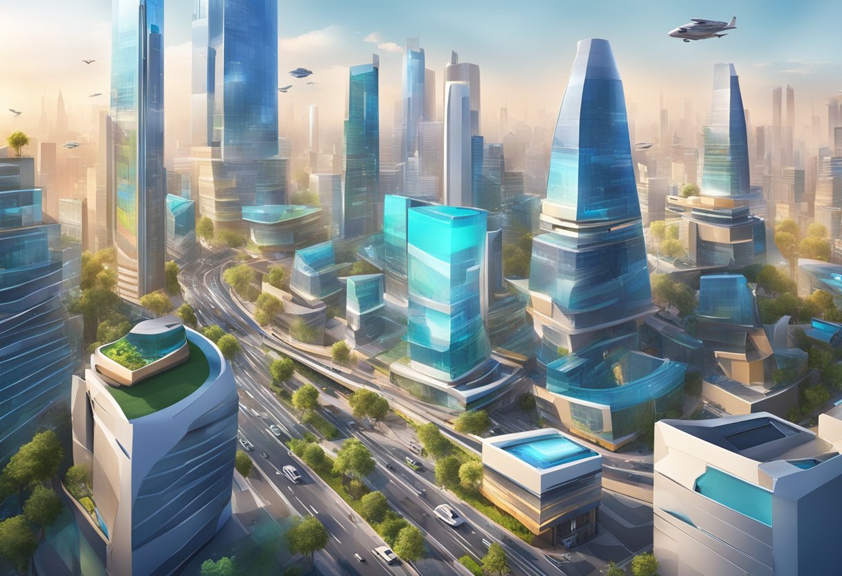 A bustling cityscape with futuristic buildings and vibrant digital displays, showcasing the cutting-edge technology of Interactive Animation in Delhi