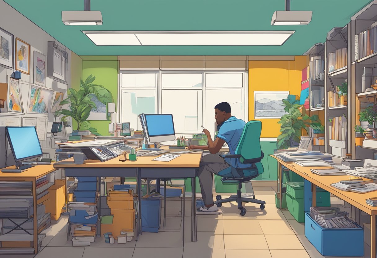 The bustling animation production studio in Durban, with artists at work and shelves of colorful drawings and supplies