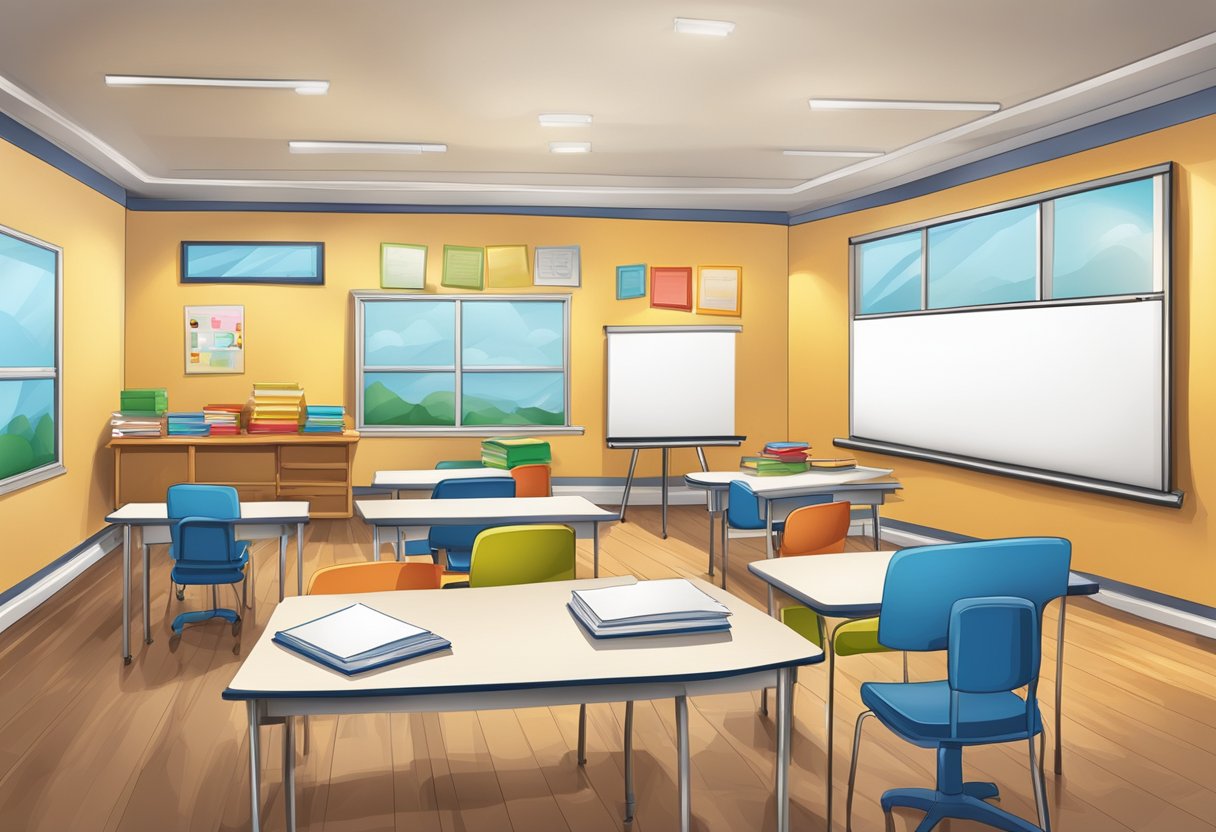 A classroom setting with a whiteboard, desks, and educational props