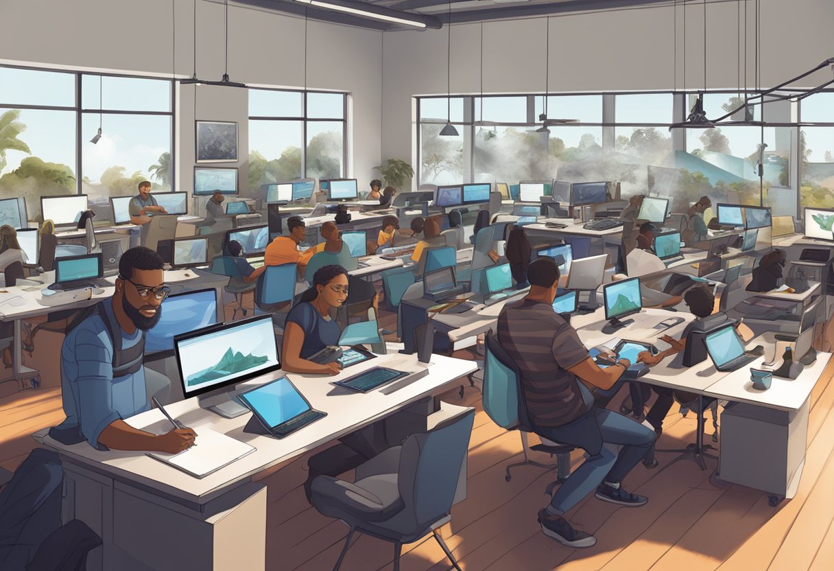 A bustling animation studio in Durban, filled with artists using digital tablets, light tables, and motion capture equipment