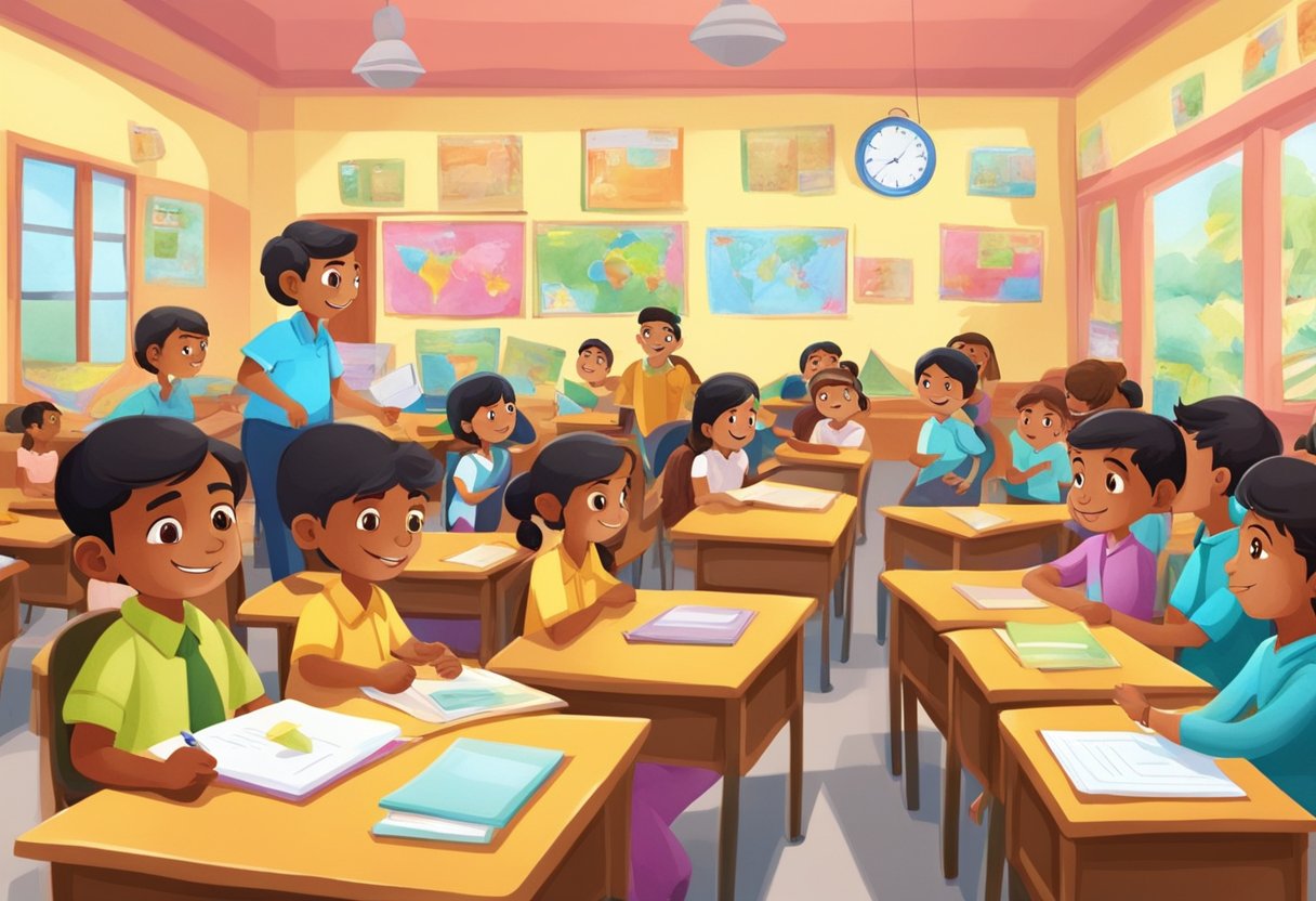 A colorful classroom setting with animated characters teaching students in India