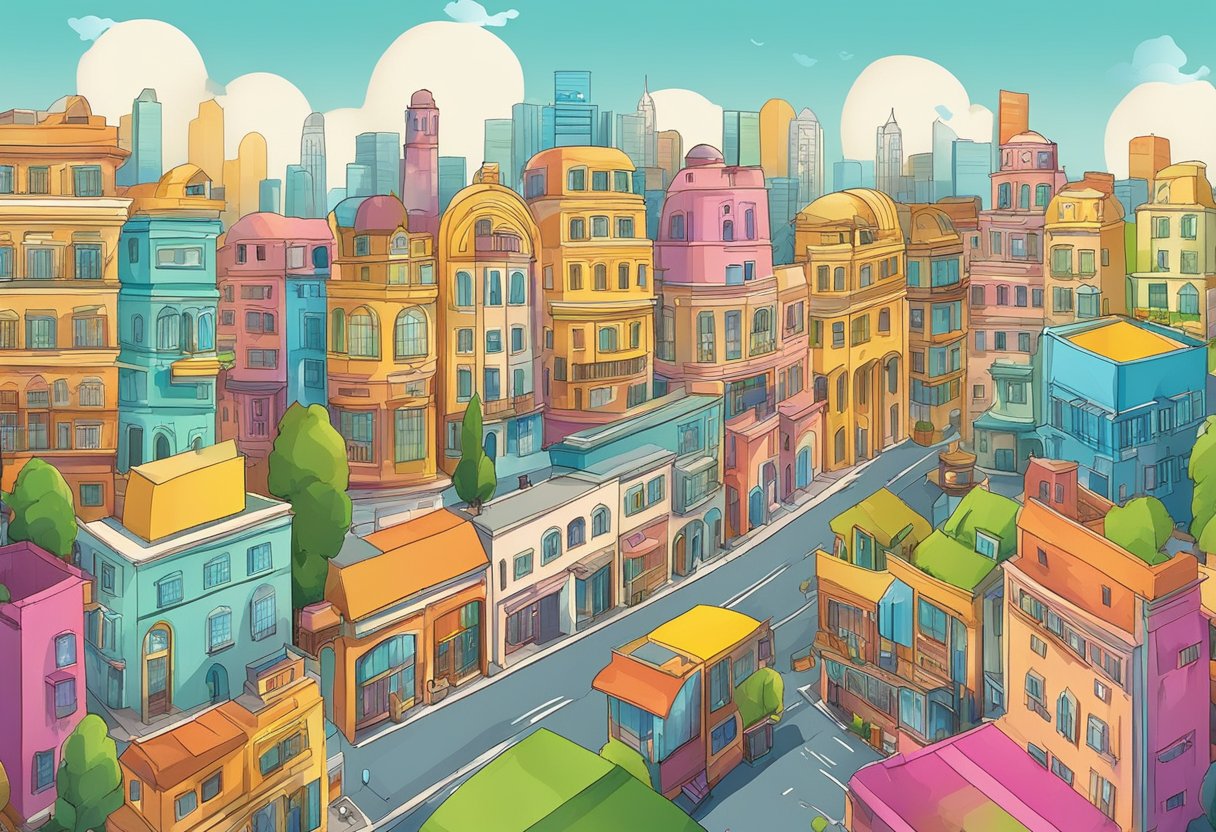 A colorful cityscape with animated buildings and interactive elements in Delhi