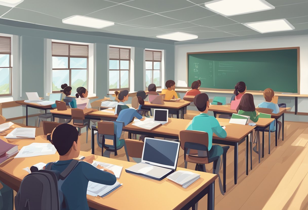 A classroom setting with students engaged in a lesson, surrounded by educational materials and technology