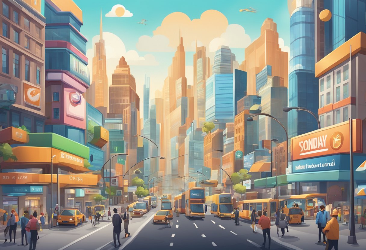 A bustling cityscape with animated logos and characters representing various commercial and corporate industries