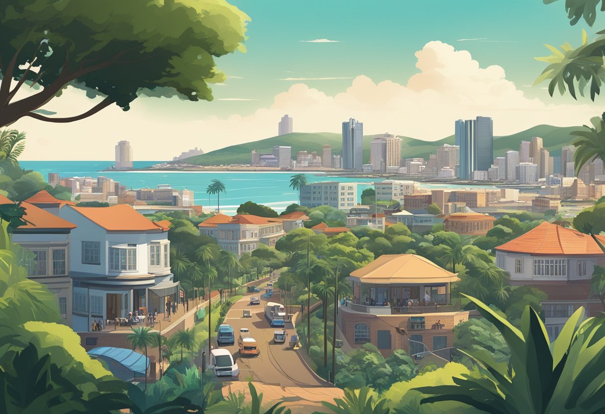 A bustling Durban cityscape with animation studios and film production companies, surrounded by lush greenery and the sparkling coastline beyond