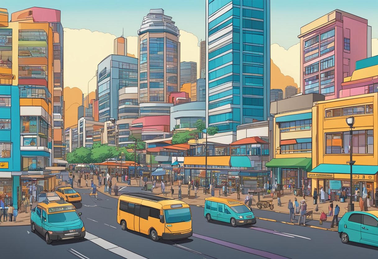 A bustling cityscape with modern buildings and vibrant colors, showcasing a diverse range of businesses in Durban