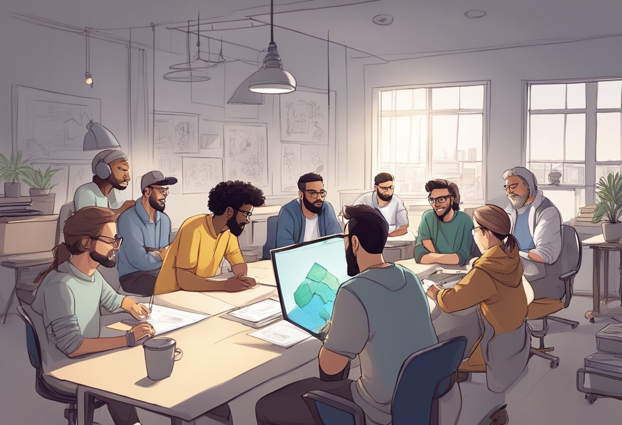 Various animators and producers working together in a studio, discussing and sketching out ideas for an upcoming animation project