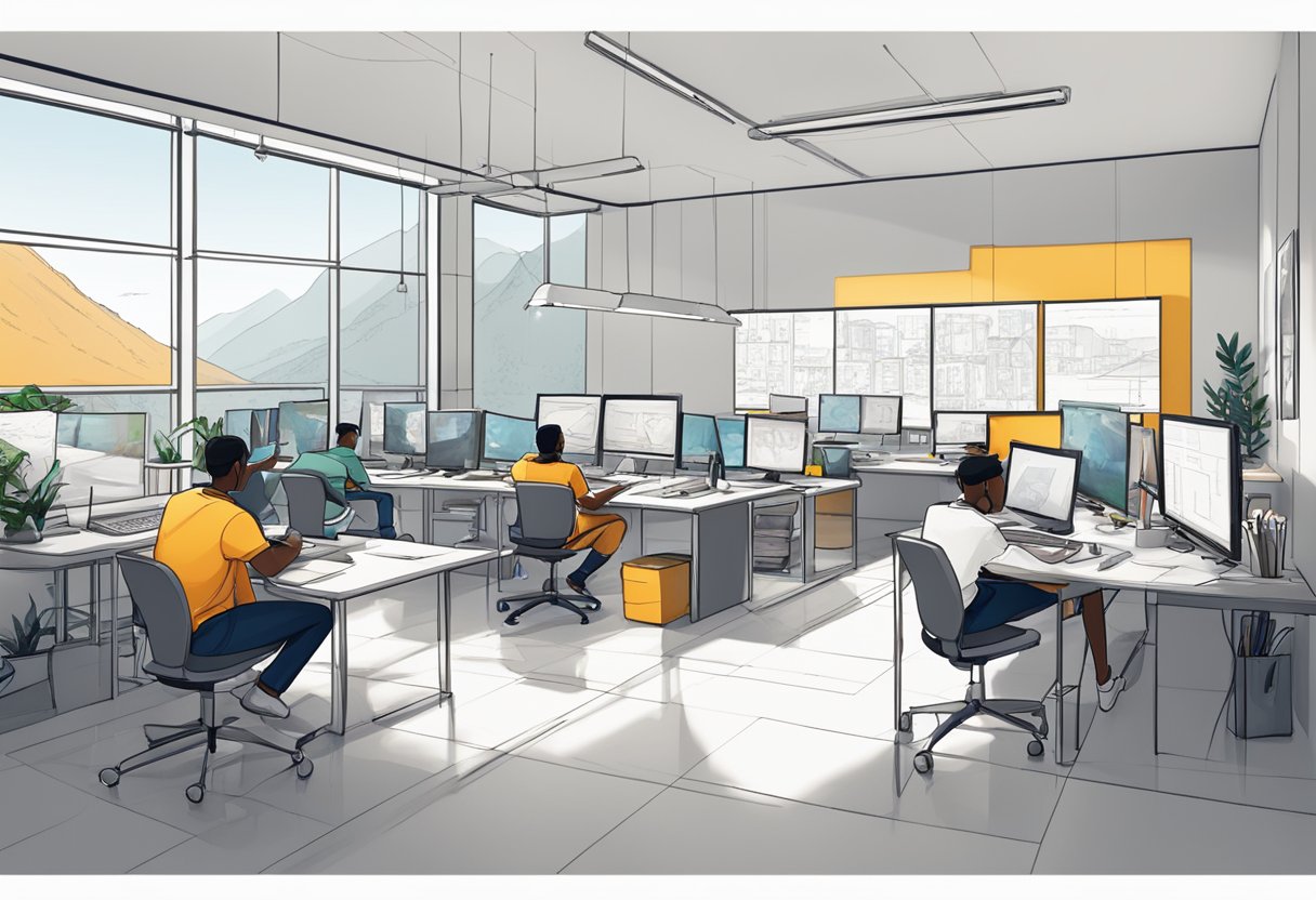 An animation studio in Durban, with a team working on FAQ production. Bright, modern office space with computers and storyboard sketches