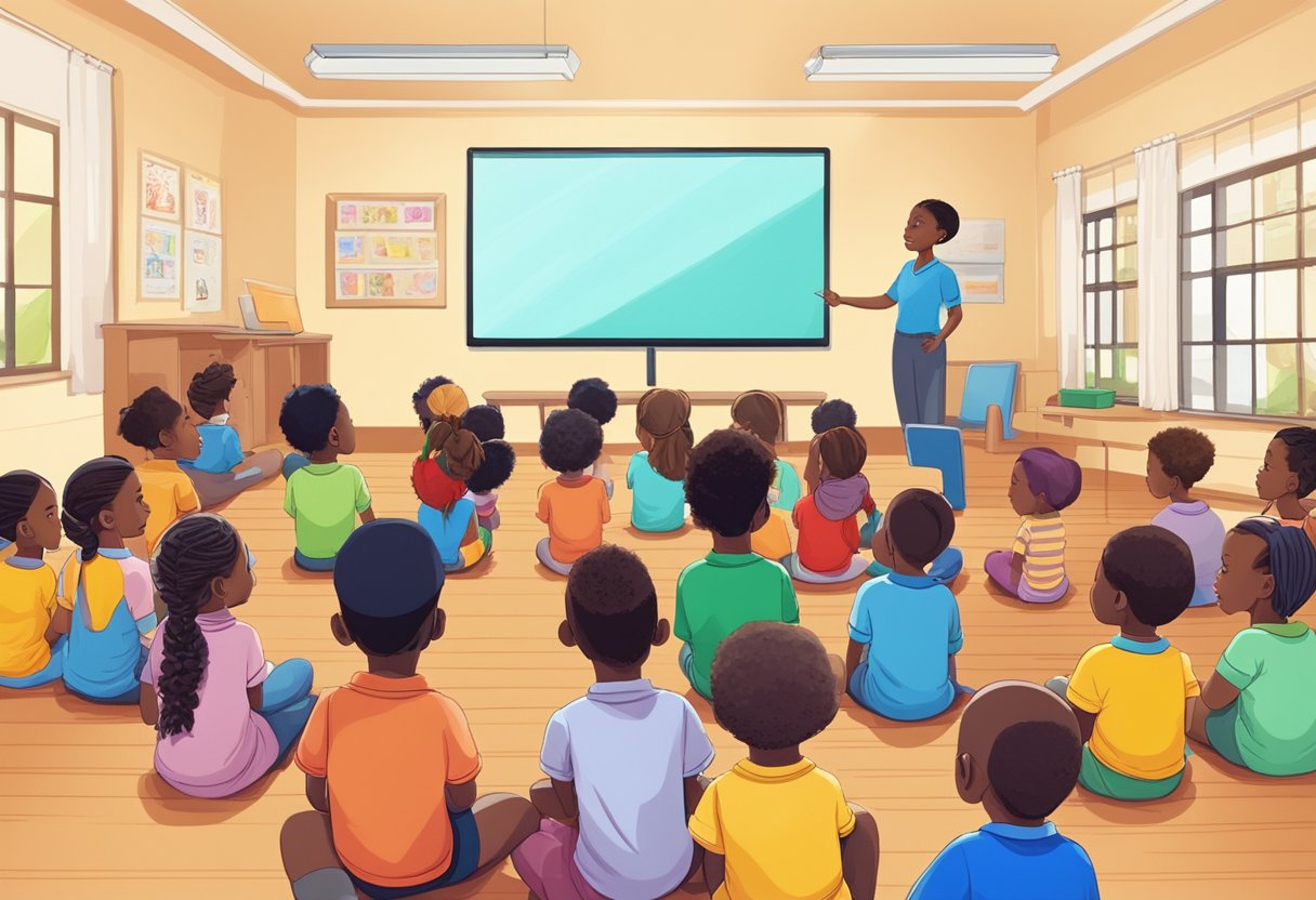 A diverse group of children watching a colorful animated educational program on a large screen in a South African classroom