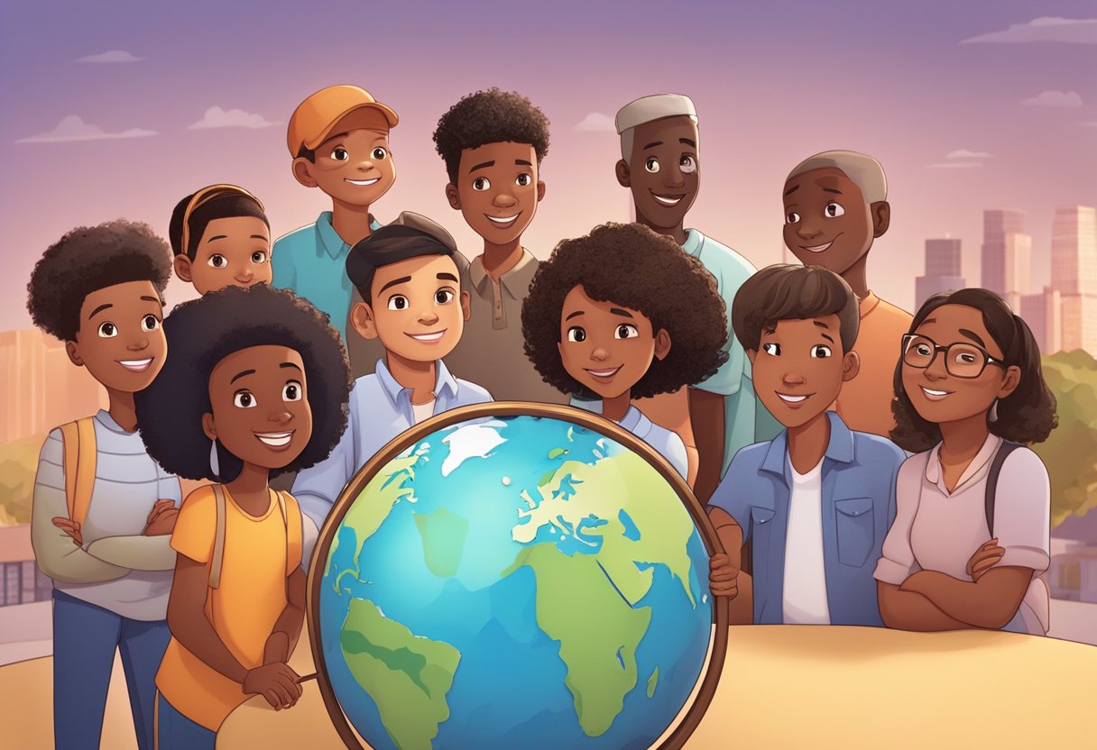 A diverse group of animated characters gather around a globe, representing the key players in South African educational animation
