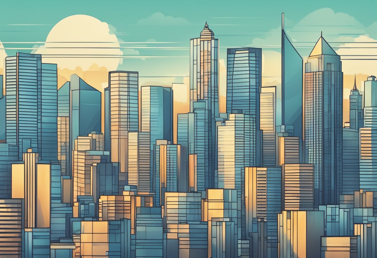 A modern city skyline with prominent corporate buildings and a sleek, professional atmosphere