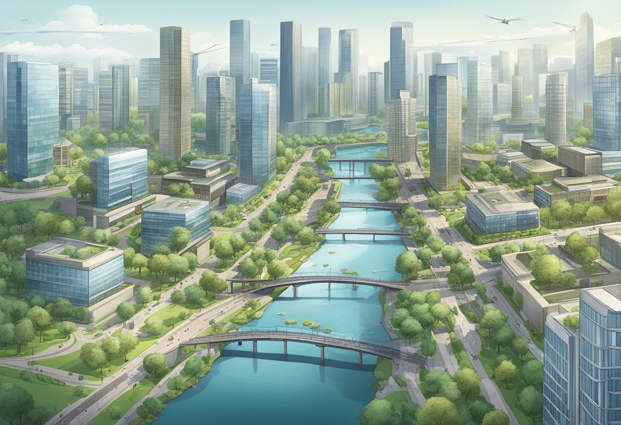 A bustling cityscape with modern office buildings, green parks, and a river flowing through the center. The skyline is dotted with cranes and construction sites, indicating growth and development