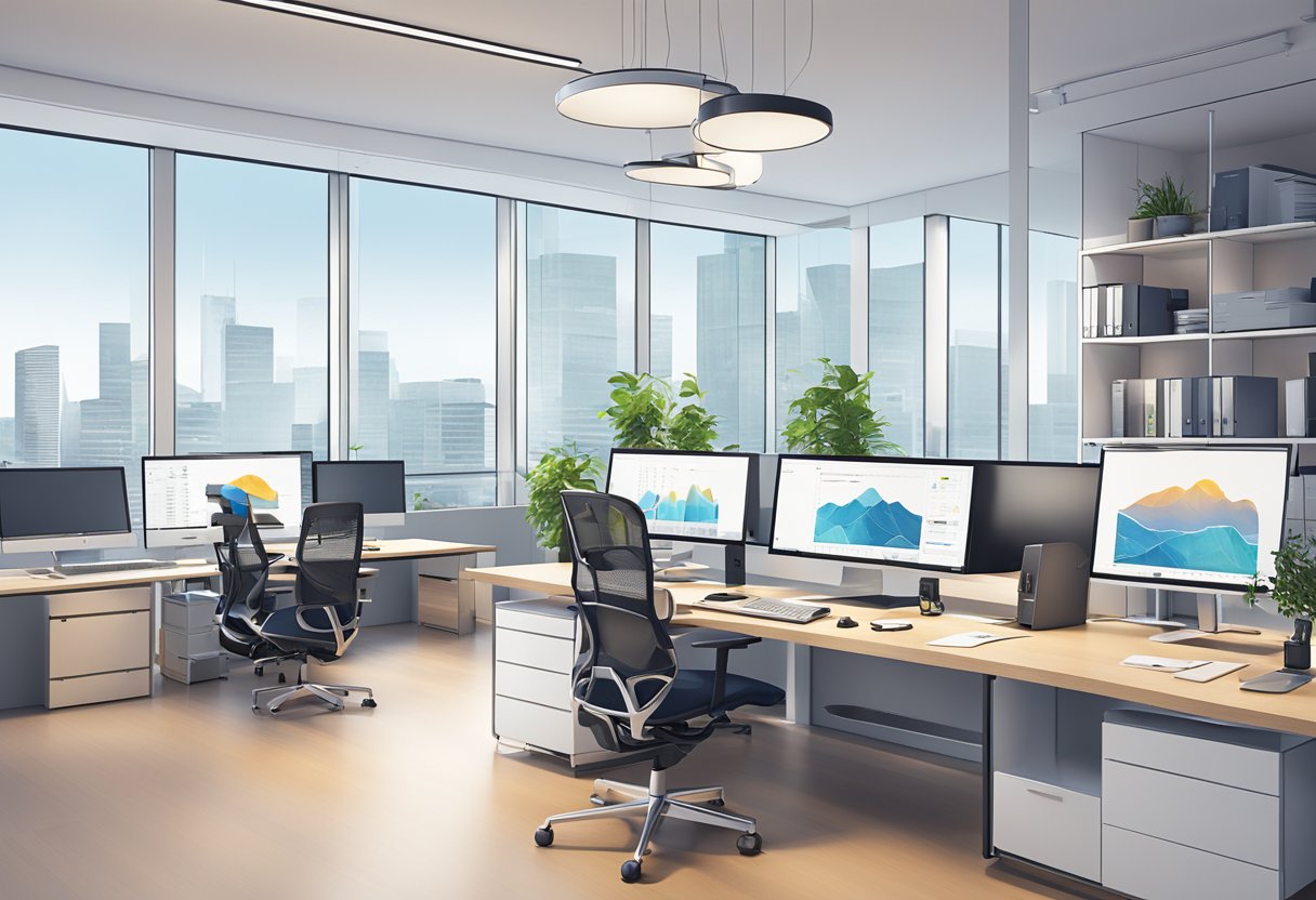 A sleek, modern office space in Munich, with computer workstations and large monitors displaying advanced animation software