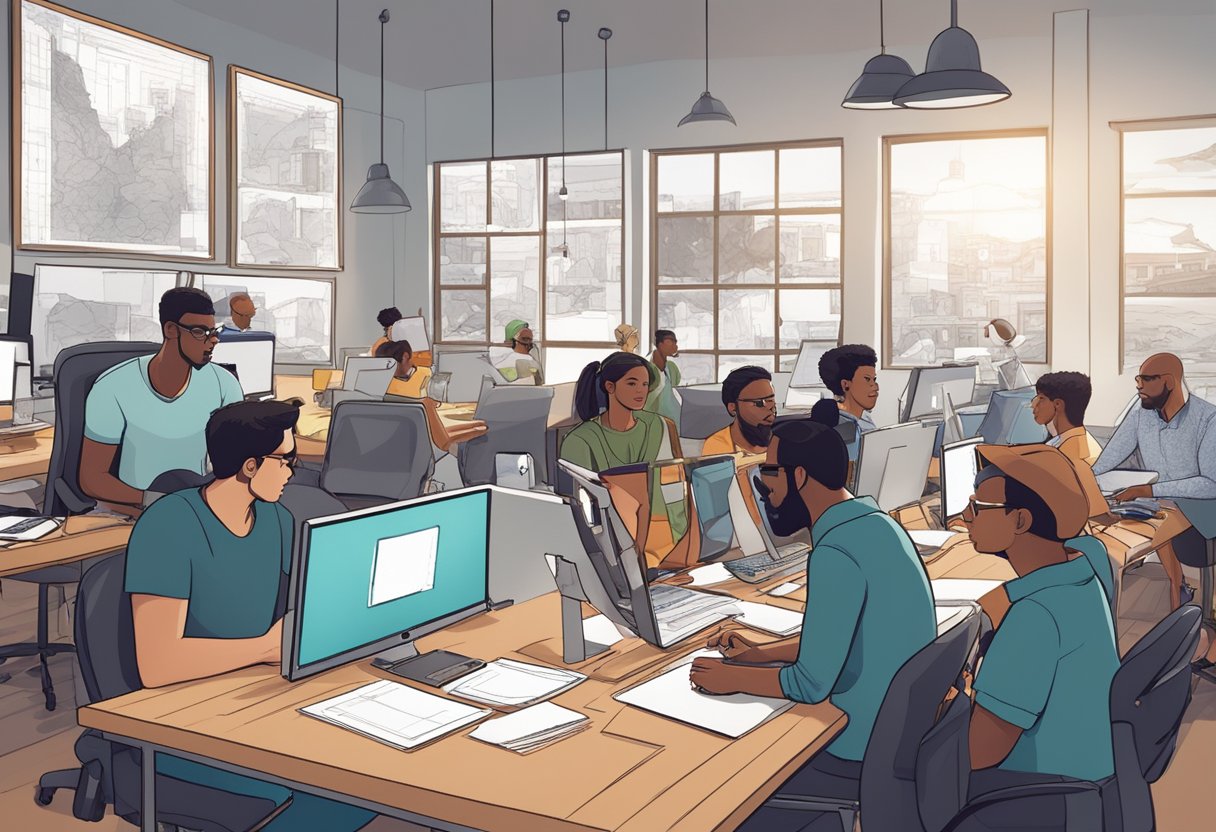 A group of animators in a Cape Town studio collaborate on a project, surrounded by storyboards, computers, and drawing tablets
