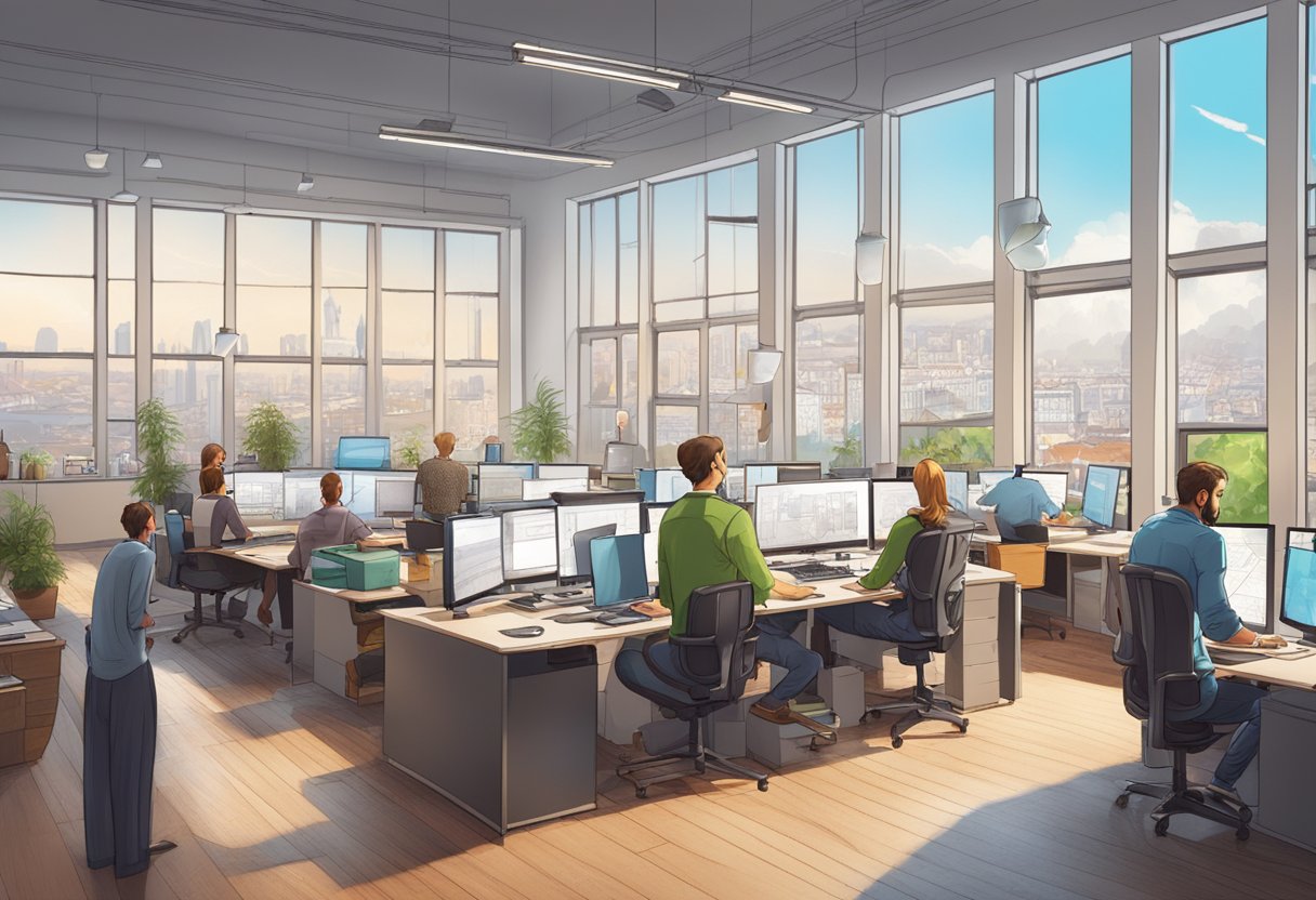 A bustling office space with animators sketching, computers rendering, and storyboards pinned to the walls, all surrounded by the picturesque city of Munich