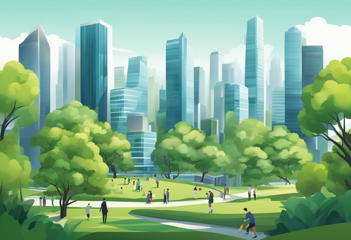 A bustling cityscape with modern skyscrapers and sleek corporate buildings, surrounded by green parks and bustling with activity