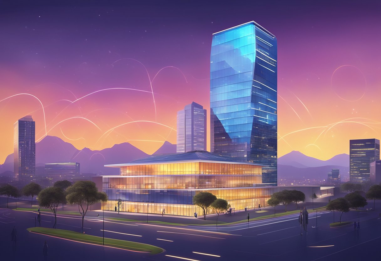 A sleek, modern office building with a glowing logo and animated graphics floating around it, set against the backdrop of the vibrant city of Cape Town