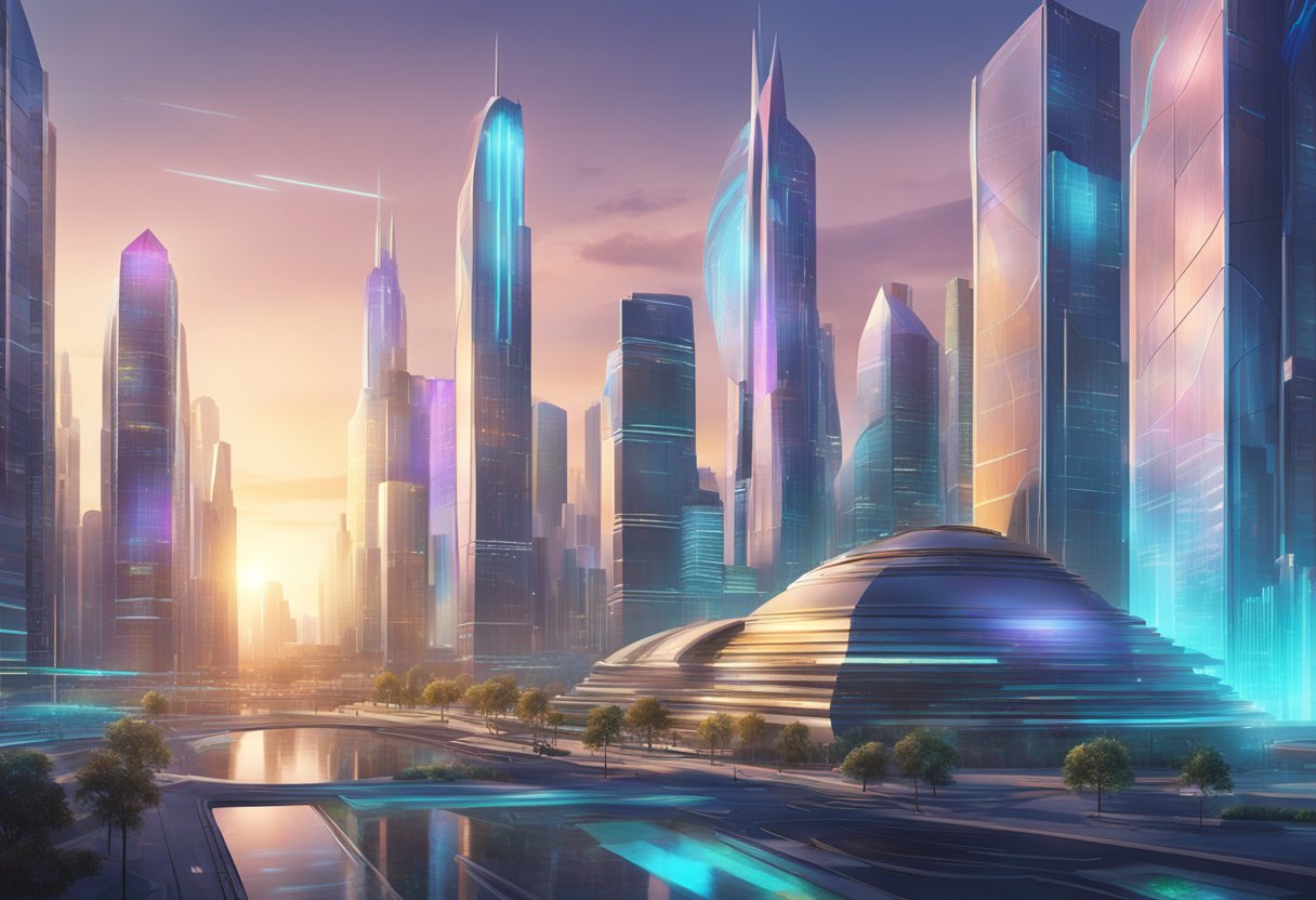 A futuristic cityscape with holographic VFX elements integrated into corporate buildings