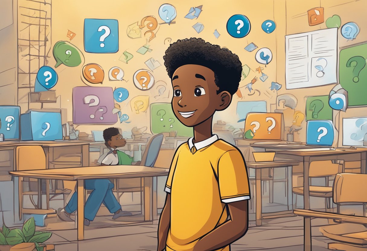An animated character in South African setting, surrounded by question marks and educational symbols