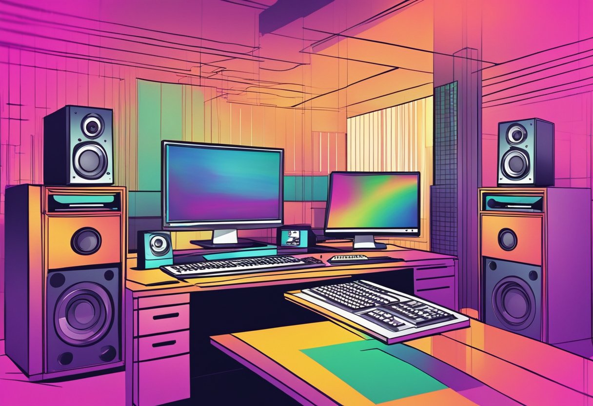 A sleek office setting with animated sound waves emanating from a computer, mixing board, and speakers. Vibrant colors and dynamic lines convey the role of music and sound in corporate animation