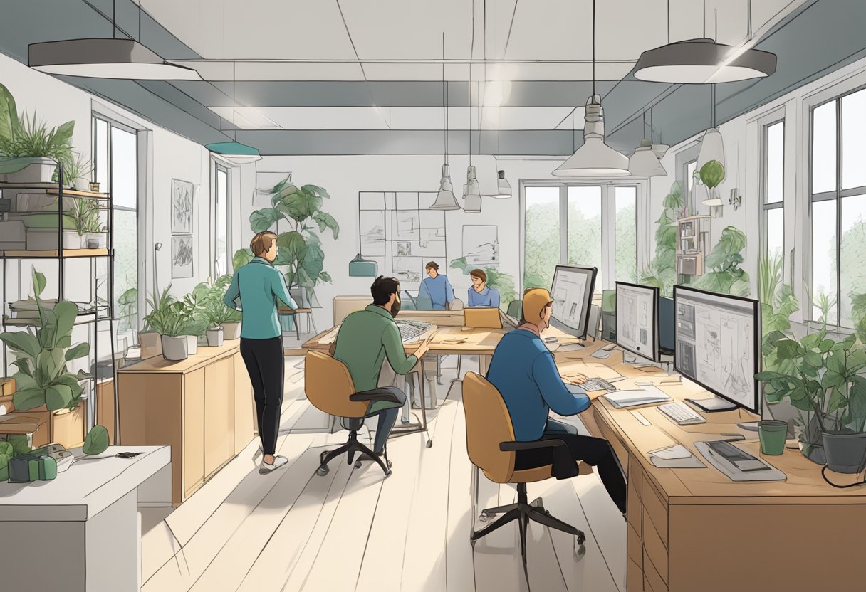 A bustling animation studio in Munich, with artists working on eco-friendly storyboards and using sustainable materials for production