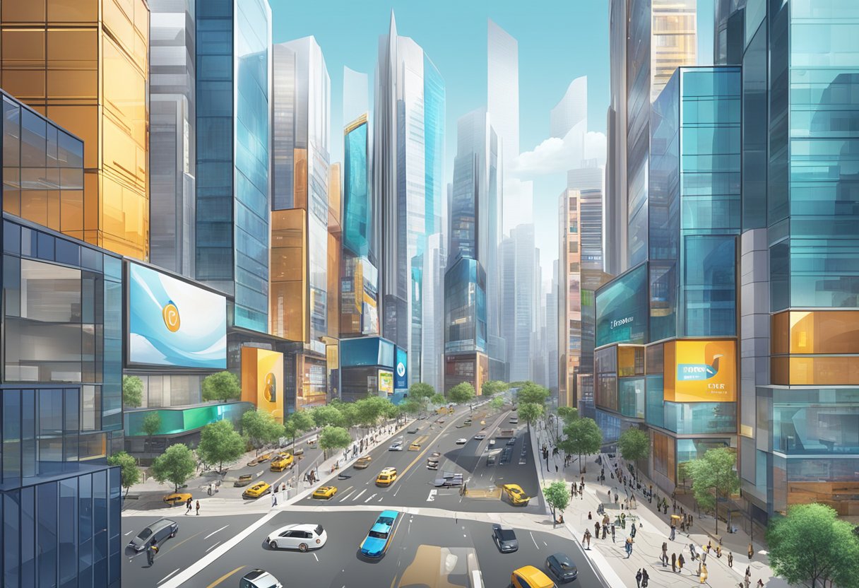 A bustling cityscape with modern buildings and animated logos displayed on large screens