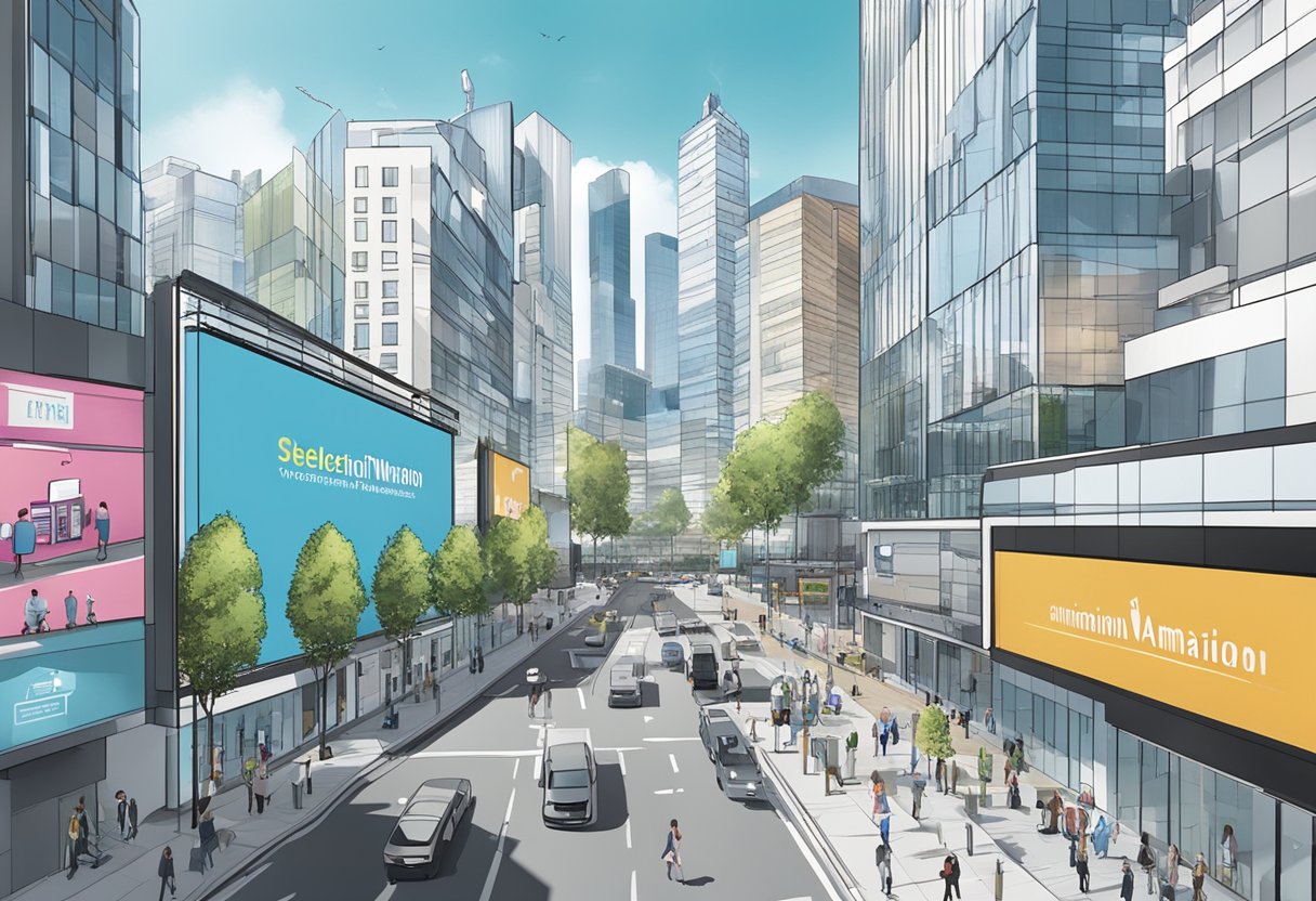 A bustling city street with a modern office building featuring the words "Selecting the Right Animation Vendor corporate animation Munich" displayed prominently on a digital billboard