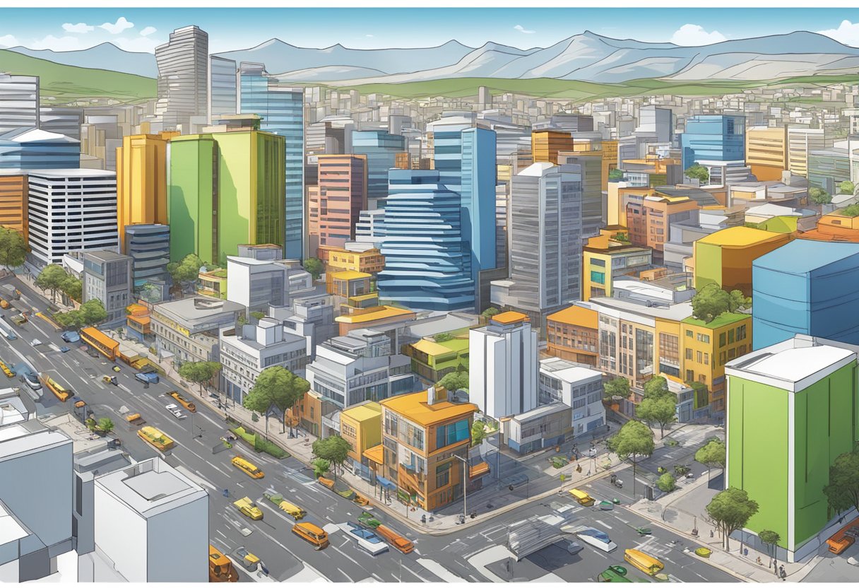 A bustling cityscape with vibrant animation studios and modern technology shaping the Cape Town skyline