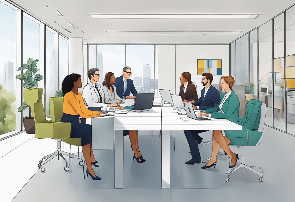 A group of diverse corporate professionals in Munich discussing legal and ethical considerations in a modern office setting