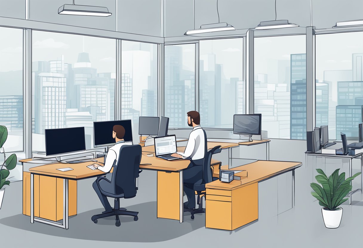 An office setting with a computer screen displaying "Frequently Asked Questions corporate animation Munich." A person sitting at a desk with a phone and notebook