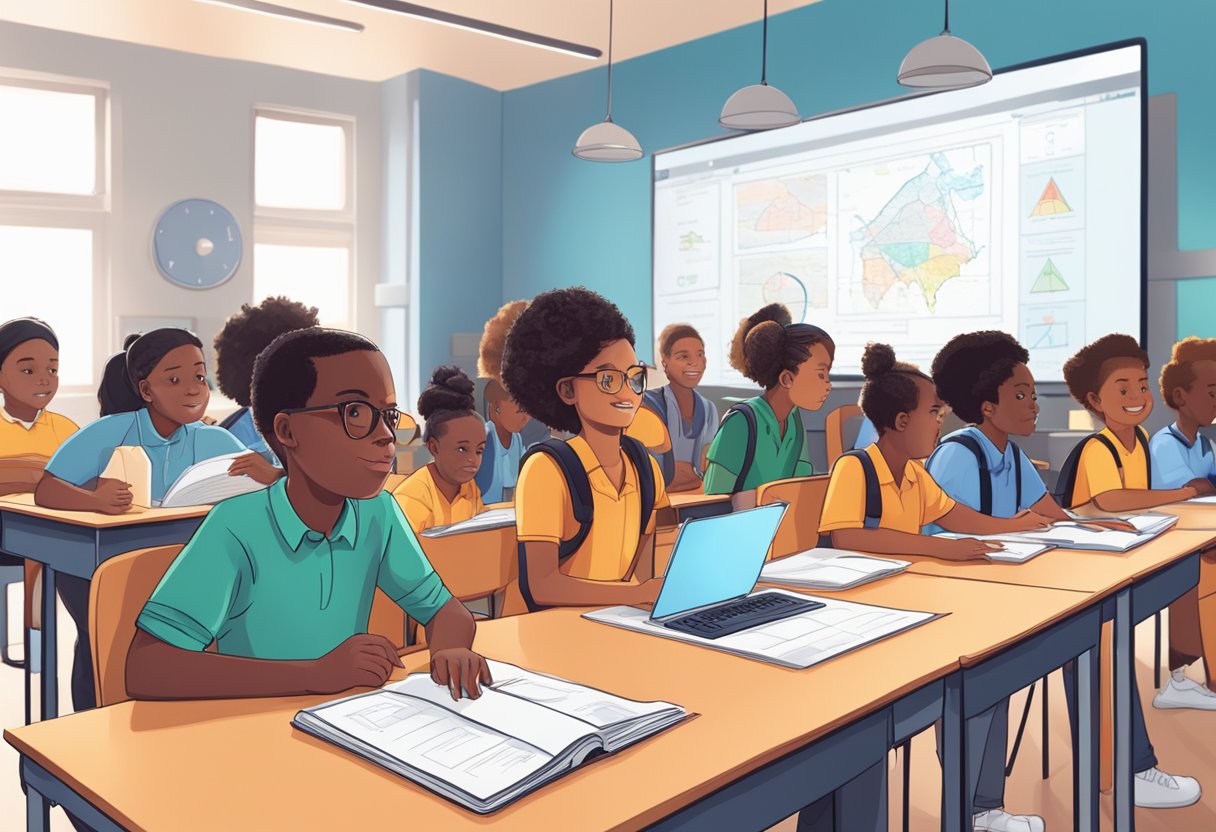 A group of diverse students in Pretoria engage with interactive educational animations in a modern classroom setting