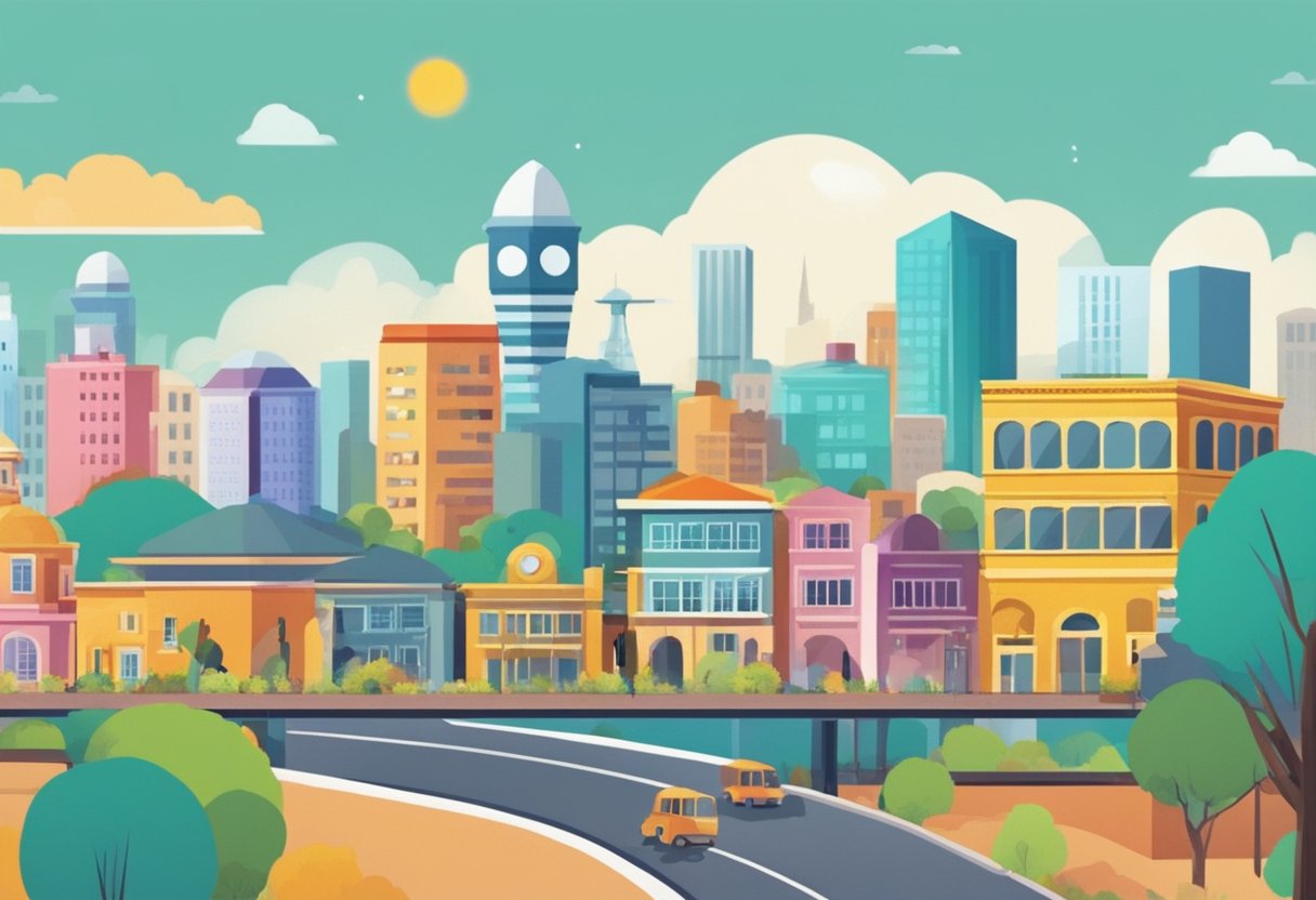A colorful and dynamic animation featuring various educational elements and interactive components, set against the backdrop of the city of Pretoria