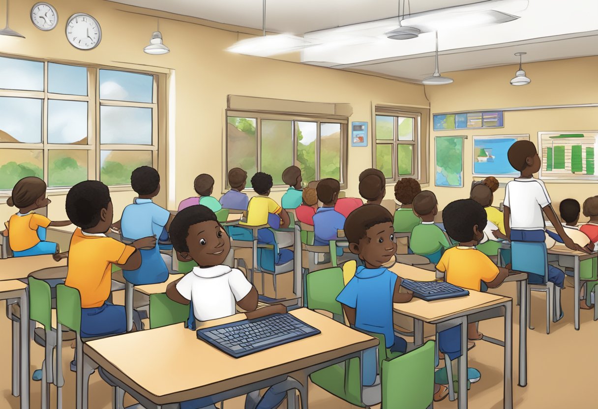 An animated educational scene set in Pretoria, integrating with a Learning Management System