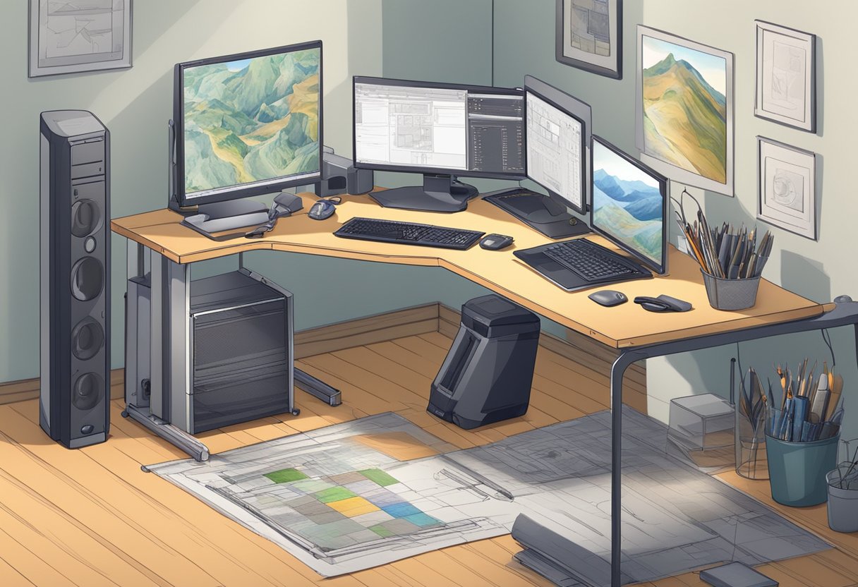 A computer workstation with animation software, drawing tablet, and reference materials in a well-lit studio environment