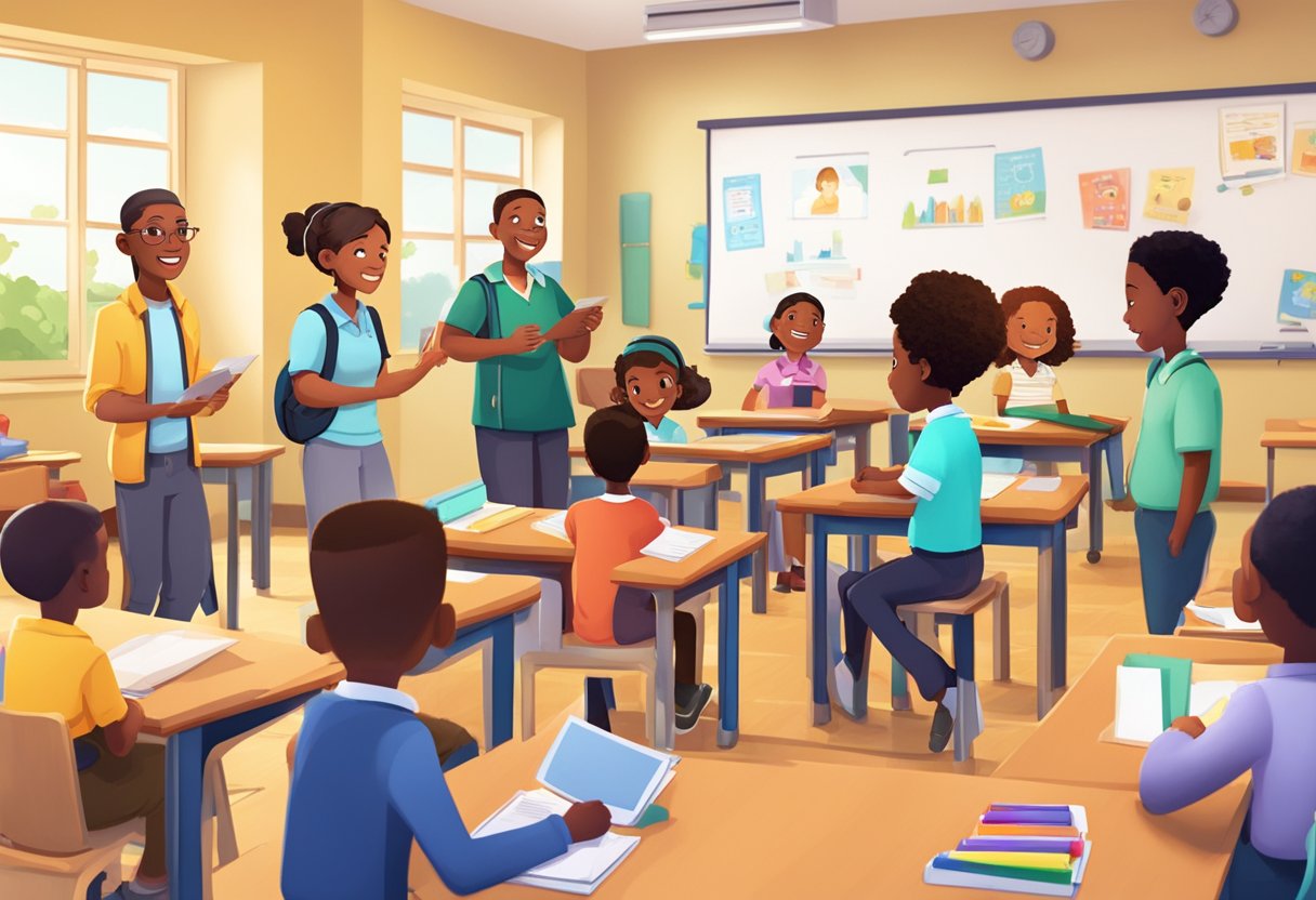 An animated classroom setting with diverse characters engaging with interactive educational animations in Pretoria