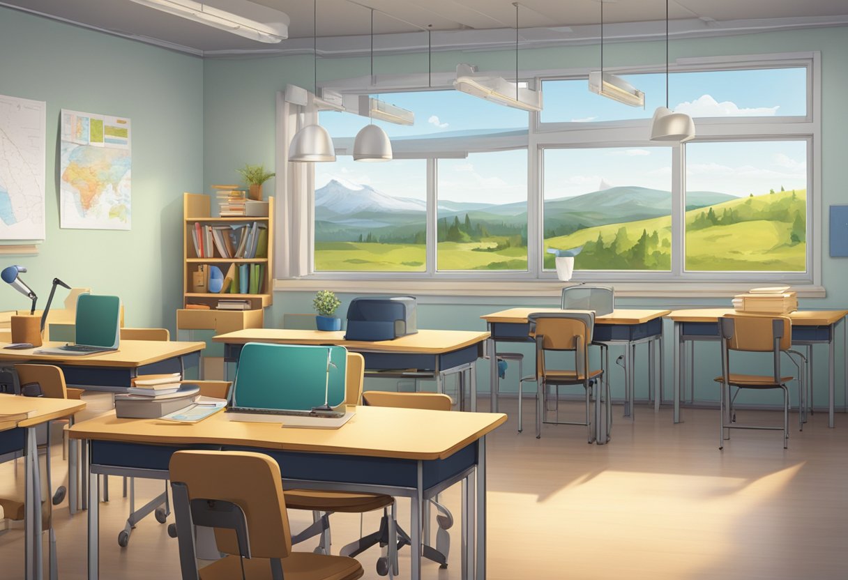 An animated character in a classroom setting with technical equipment and educational materials, set in a Swedish landscape